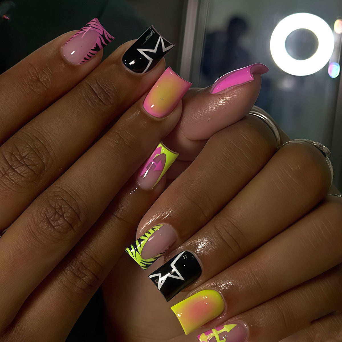 Vibrant Party Vibes Medium Square Neon Gradient Press On Nail Set with Unique Artistic Patterns