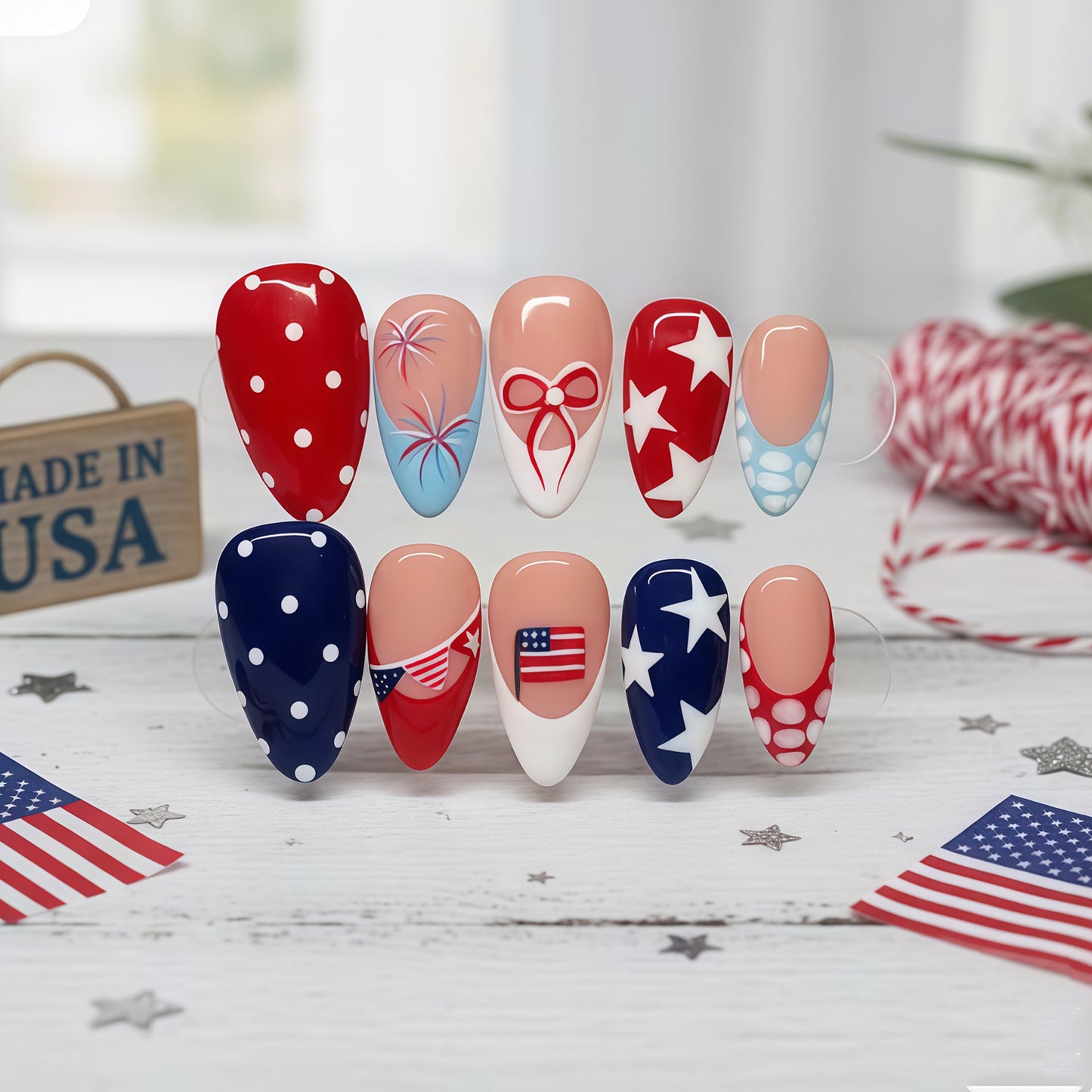 Patriotic Glamour Medium Almond Red and Blue with Stars and Polka Dots Press On Nail Set