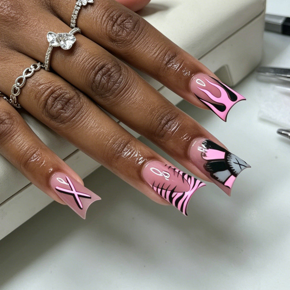 Glamourous Pink Long Square Nails with Eye-Catching Flame Design