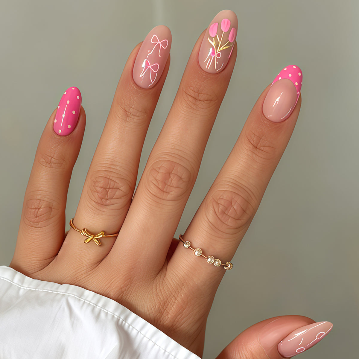 Chic Floral Elegance Medium Almond Pink Design Press On Nail Set