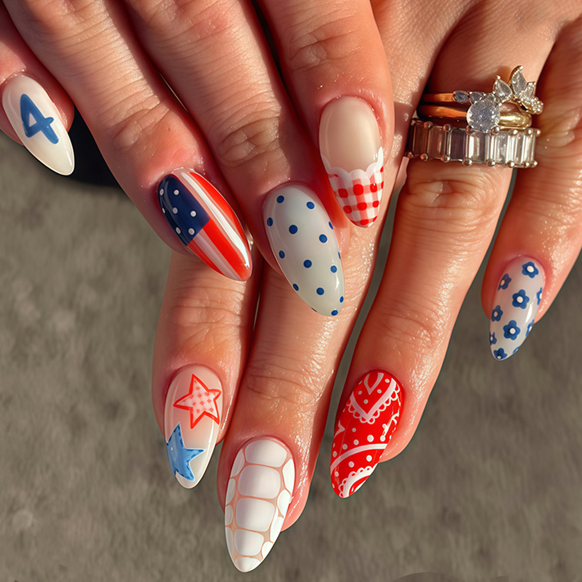 Stars and Stripes Medium Almond Red and Blue Patterned Press On Nail Set