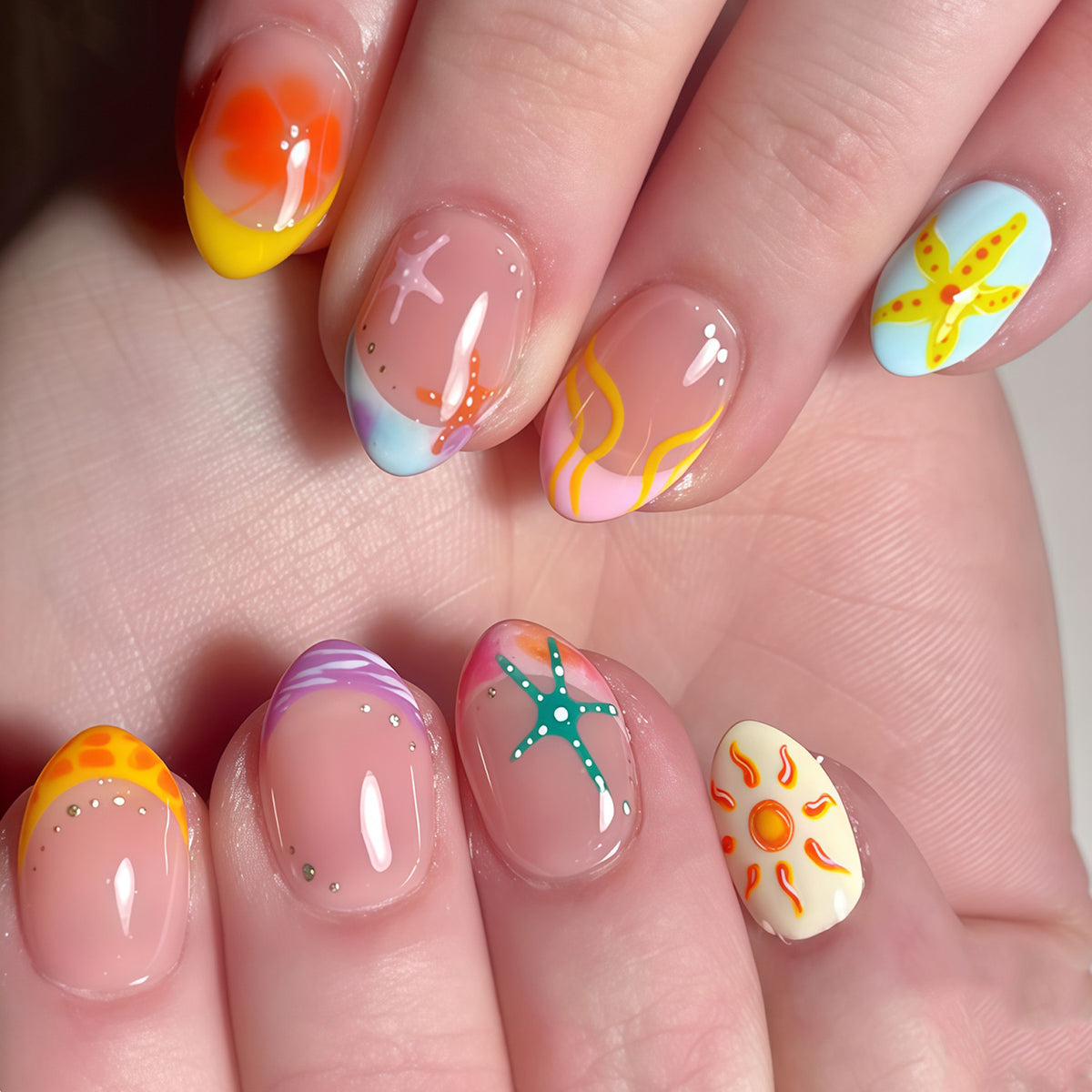 Beach Bliss Short Almond Pastel Design Nail Set