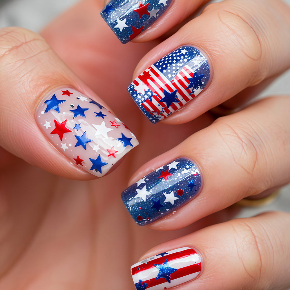 Patriotic Glamour Short Square Blue and Red Star Design Press-On Nail Set