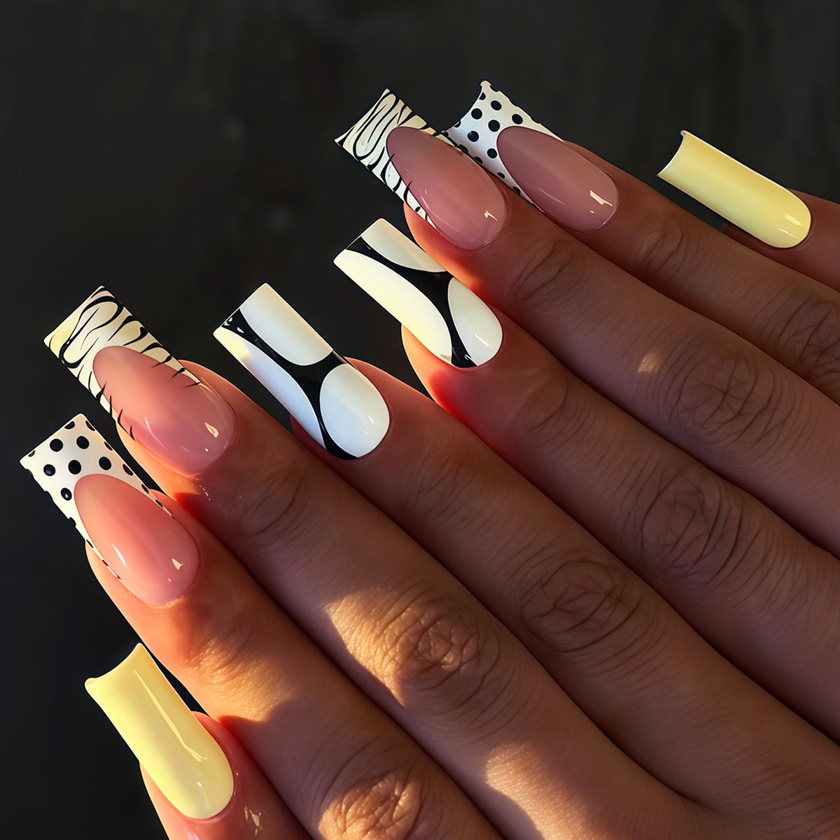 Chic Monochrome Long Square Yellow and Black Artistic Design Press on Nail Set