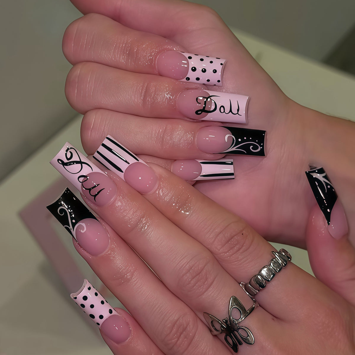 Chic Vintage Long Square Pink with Unique Pattern Designs Press On Nail Set