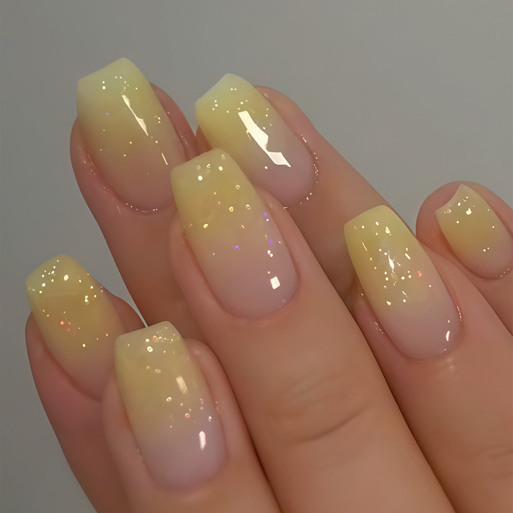 Sunshine Glow Short Square Yellow Ombre Glitter Press On Nail Set