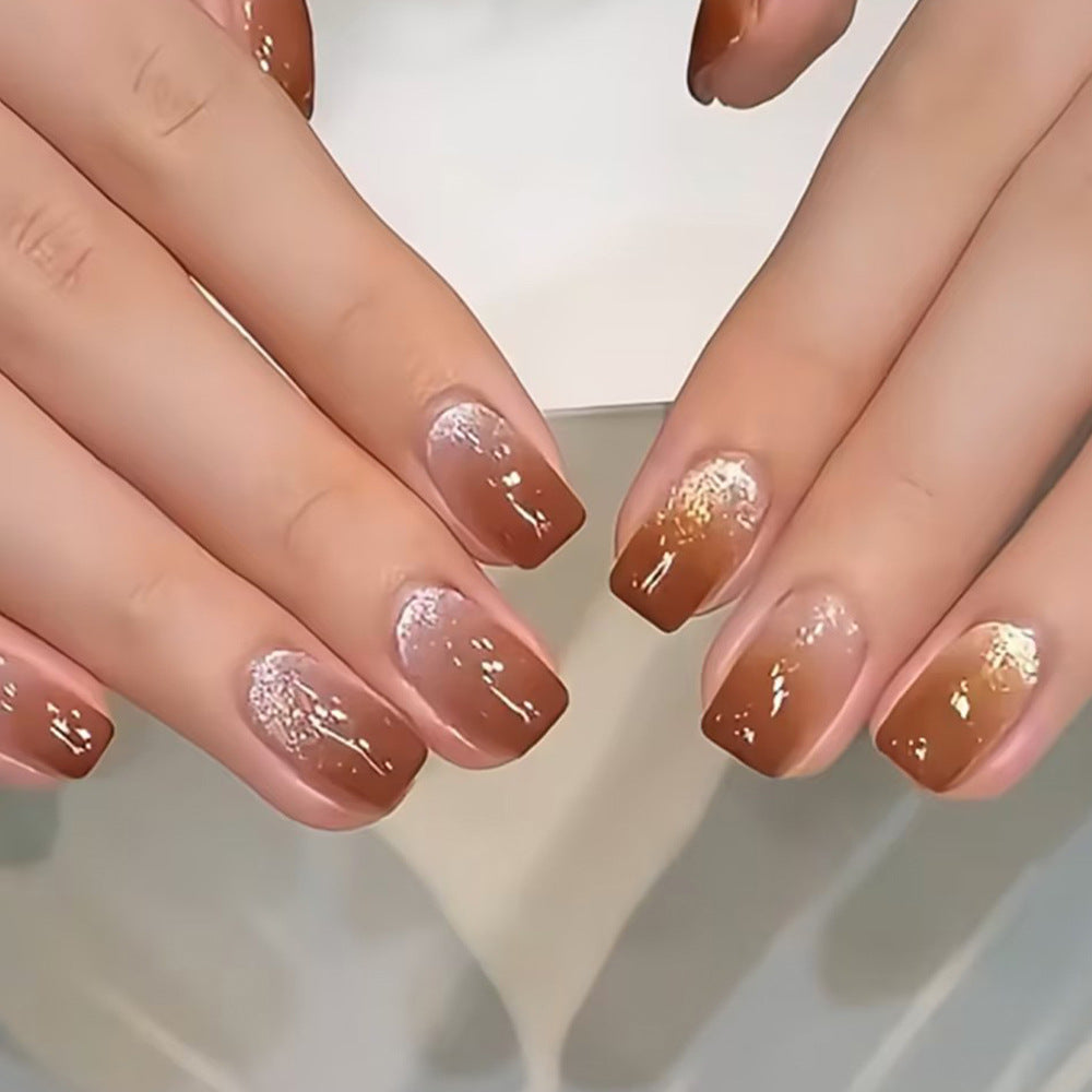 Warm Autumn Vibes Medium Square Brown with Sparkling Ombre Effect Press On Nail Set