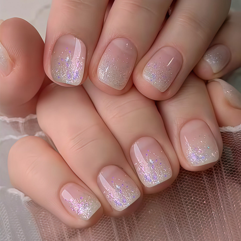 Dreamy Sparkle Short Square Beige with Glitter Gradient Press on Nail Set