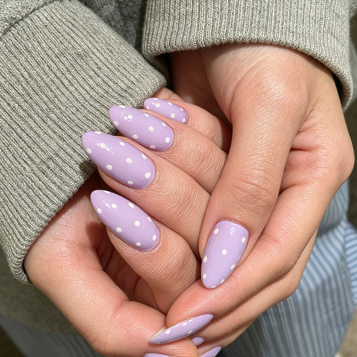 Whimsical Spring Long Almond Lavender with Polka Dots Press on Nail Set