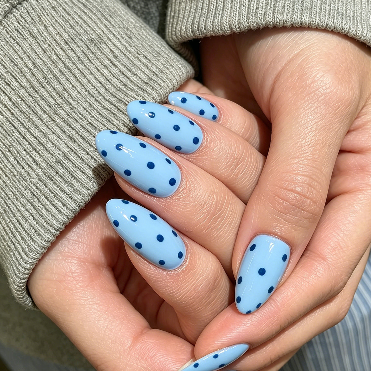 Charming Polka Dot Medium Almond Sky Blue Press On Nail Set