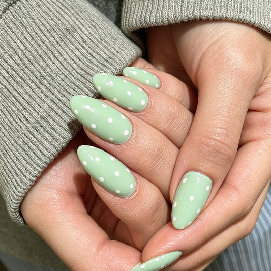 Whimsical Green Polka Dot Long Almond Press On Nail Set