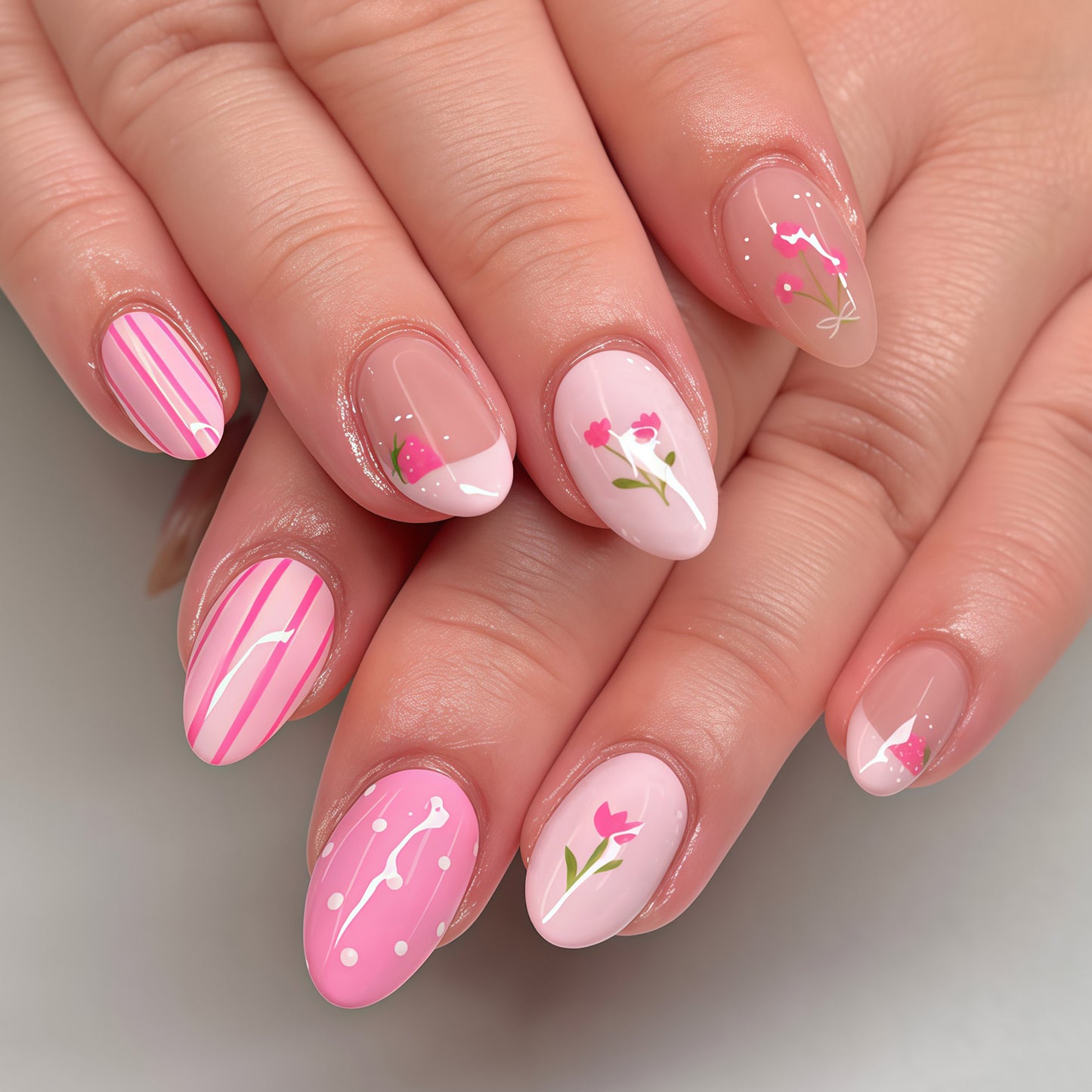 Blossom Delight Medium Almond Pink Floral Press On Nail Set