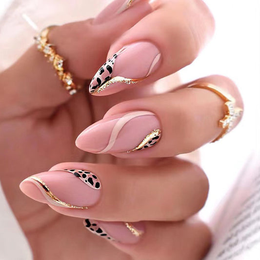 Chic Glamour Long Almond Pink and Black Patterned Press On Nail Set with Gold Accents