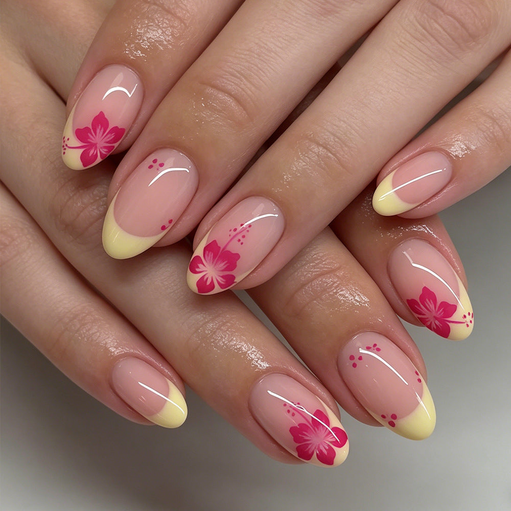 Tropical Blossom Long Almond Yellow and Pink Floral Press On Nail Set