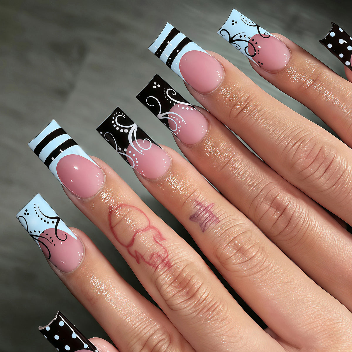 Chic Artistic Long Square Pink and Blue Swirl Design Press-On Nail Set