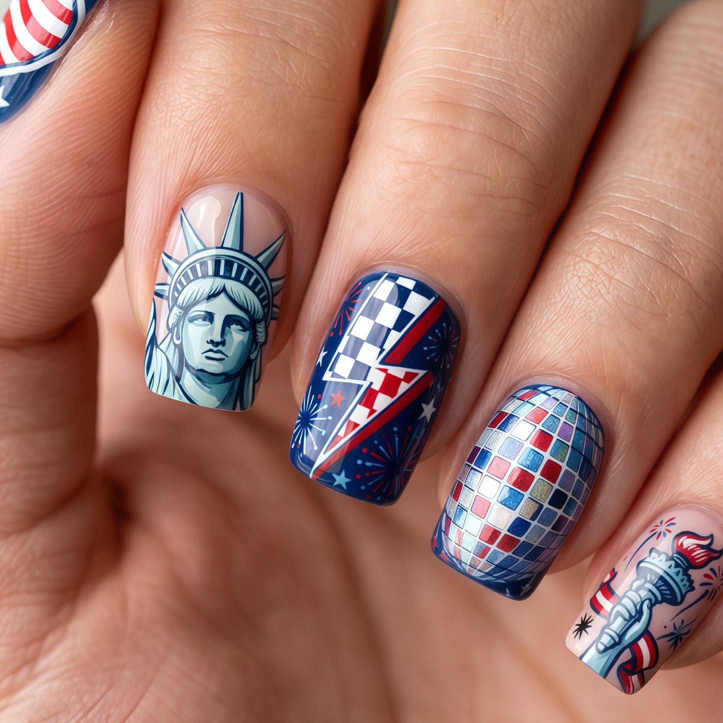 Patriotic Vibes Medium Square Blue with Unique Statue of Liberty Design Press On Nail Set