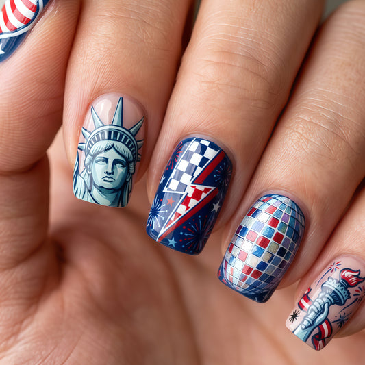 Patriotic Vibes Medium Square Blue with Unique Statue of Liberty Design Press On Nail Set