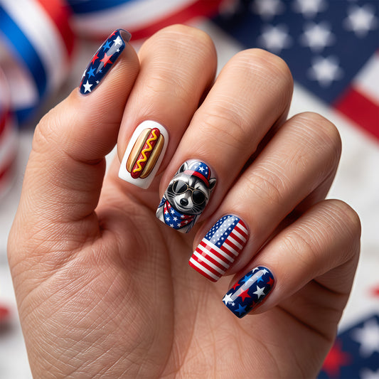 Patriotic Charm Medium Square Red White and Blue Design Press On Nail Set