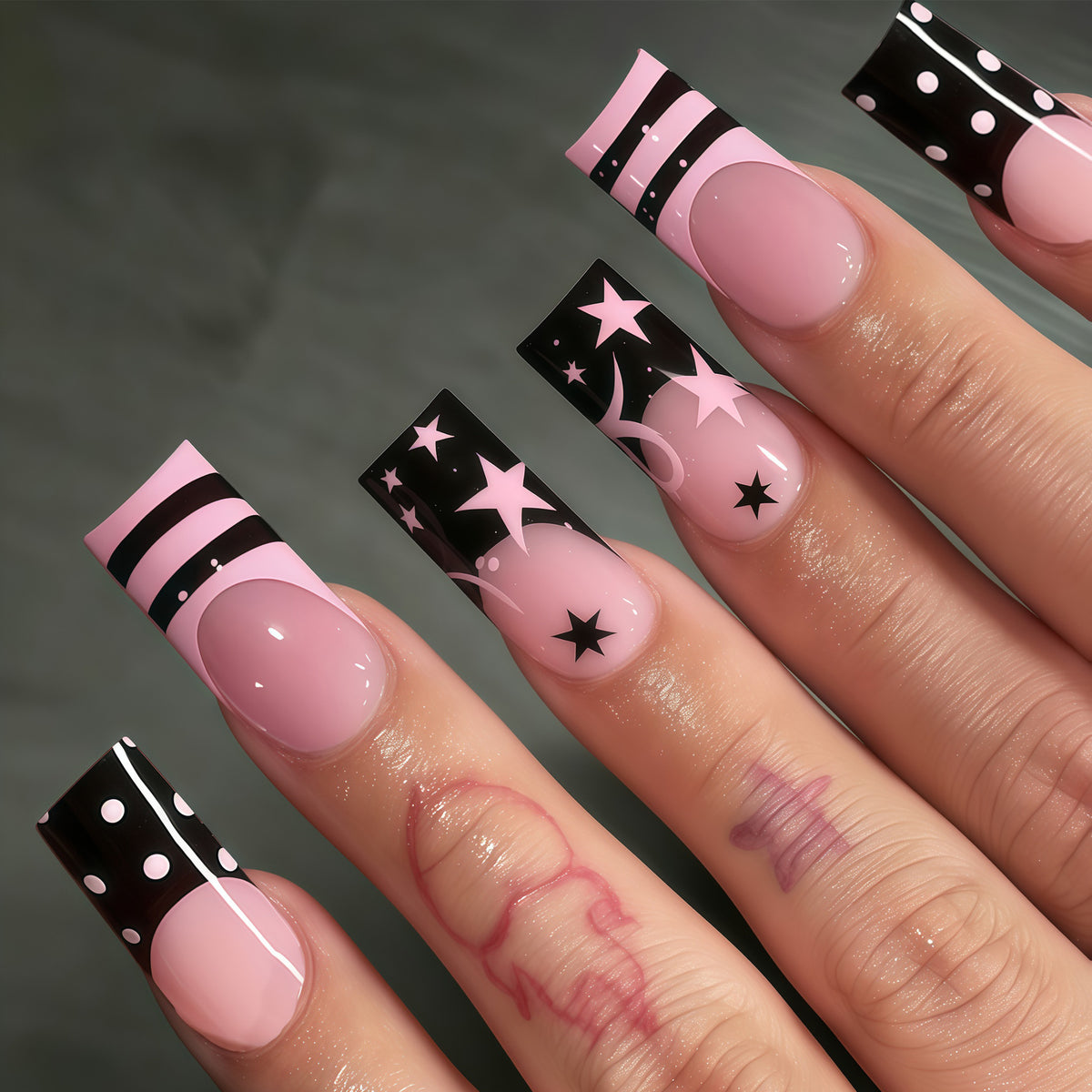 Celestial Dreamscape Long Square Pink and Black Starry Press On Nail Set