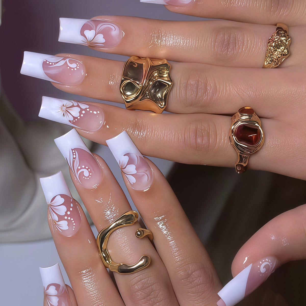 Elegant Floral Bliss Medium Square Pink Ombre Press On Nail Set with Intricate Design