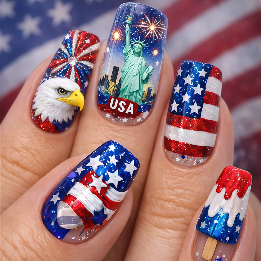 Patriotic Celebration Medium Square Blue Red Glitter with Starry Accents Press On Nail Set
