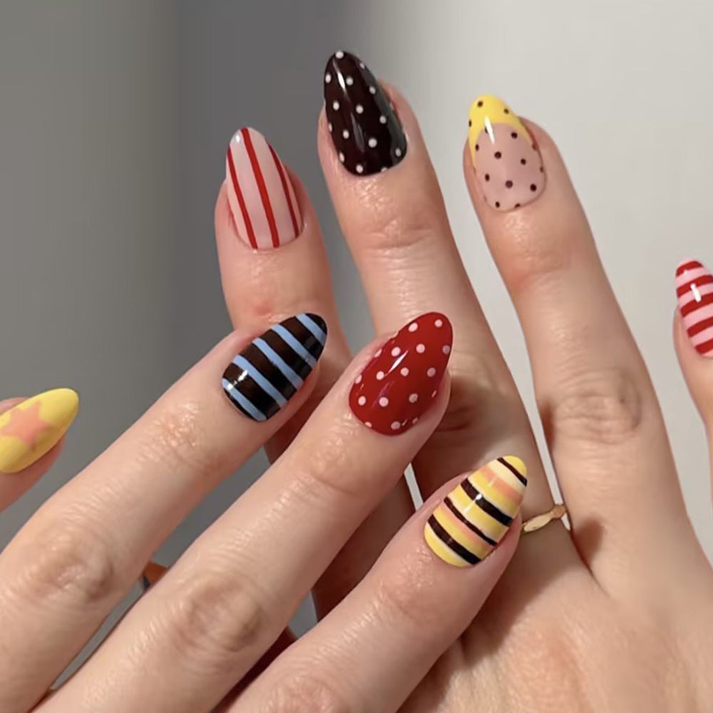 Whimsical Striped Medium Almond Multicolor Nail Set