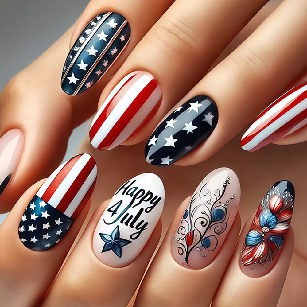 Patriotic Celebration Medium Almond Red White and Blue Star Design Press on Nail Set