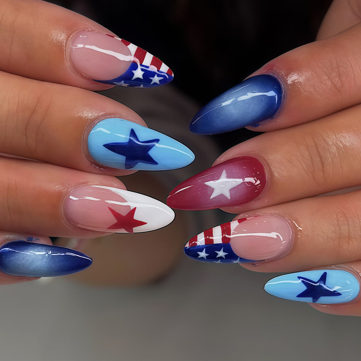 Patriotic Glamour Medium Almond Blue Red and White Star Design Press On Nail Set
