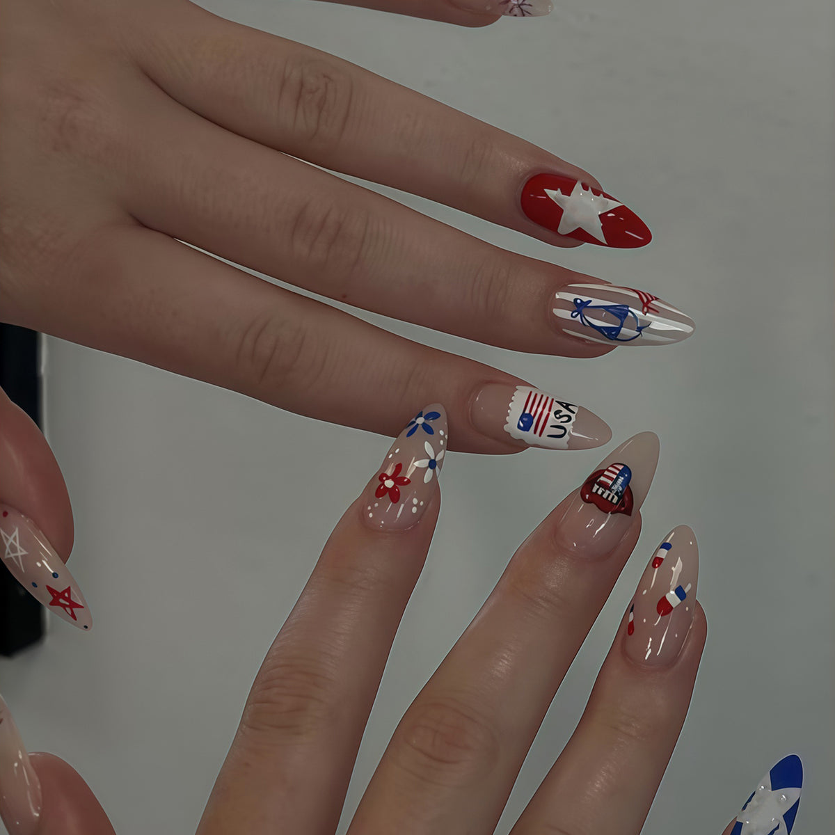 Patriotic Elegance Medium Almond Red White and Blue Nail Press Set with Festive Star Accents