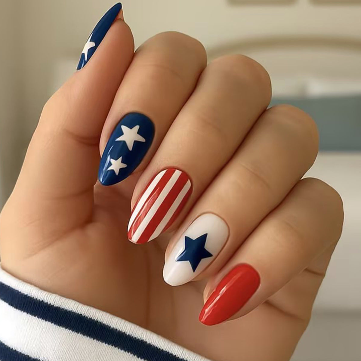 Patriotic Medium Almond Red White and Blue Nail Set with Star and Stripe Design