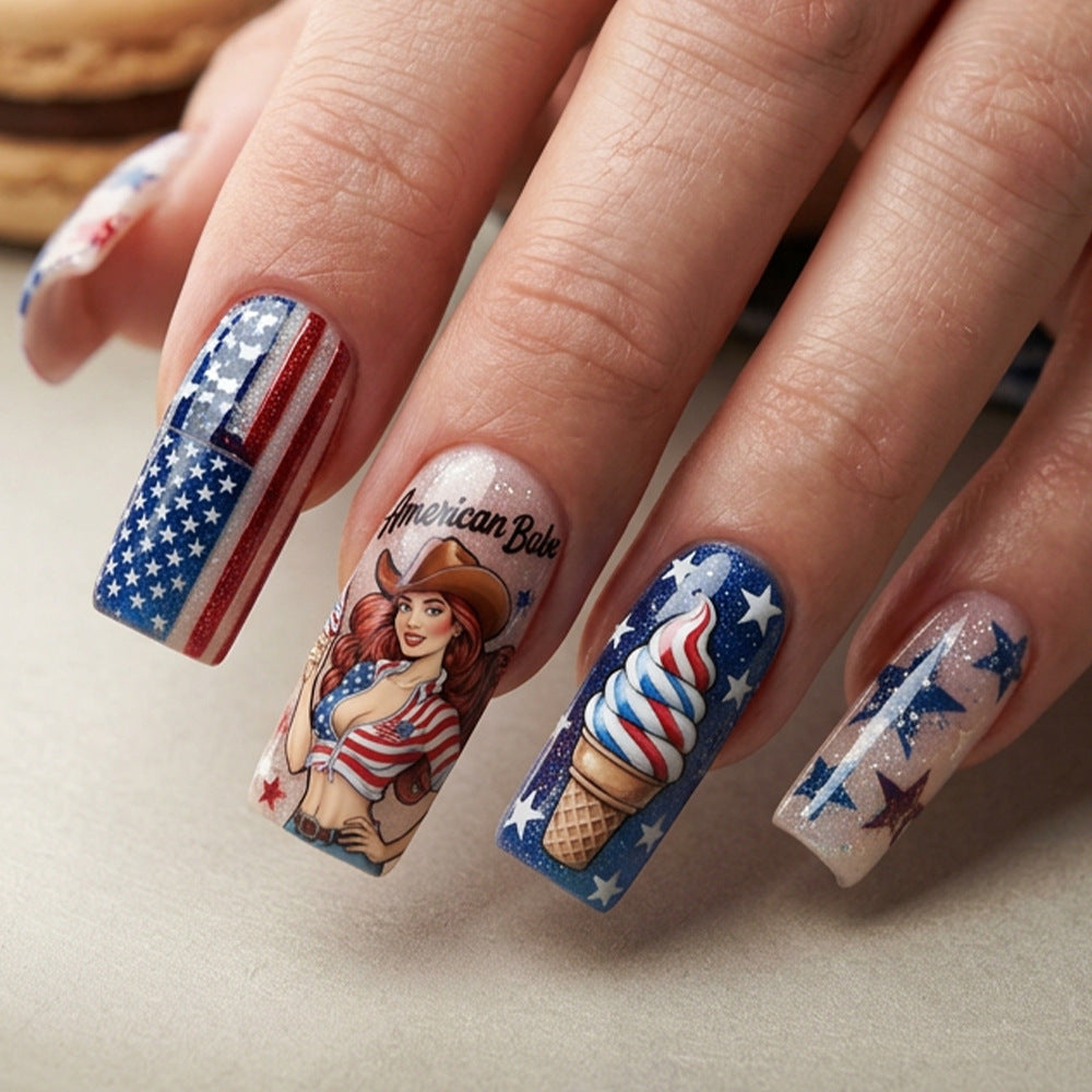 Patriotic Celebration Long Square Red White and Blue Artistry Press On Nail Set