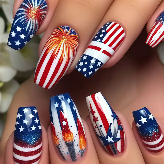 Festive Summer Vibes Long Coffin Red and Blue with Starry Fireworks Design Press on Nail Set