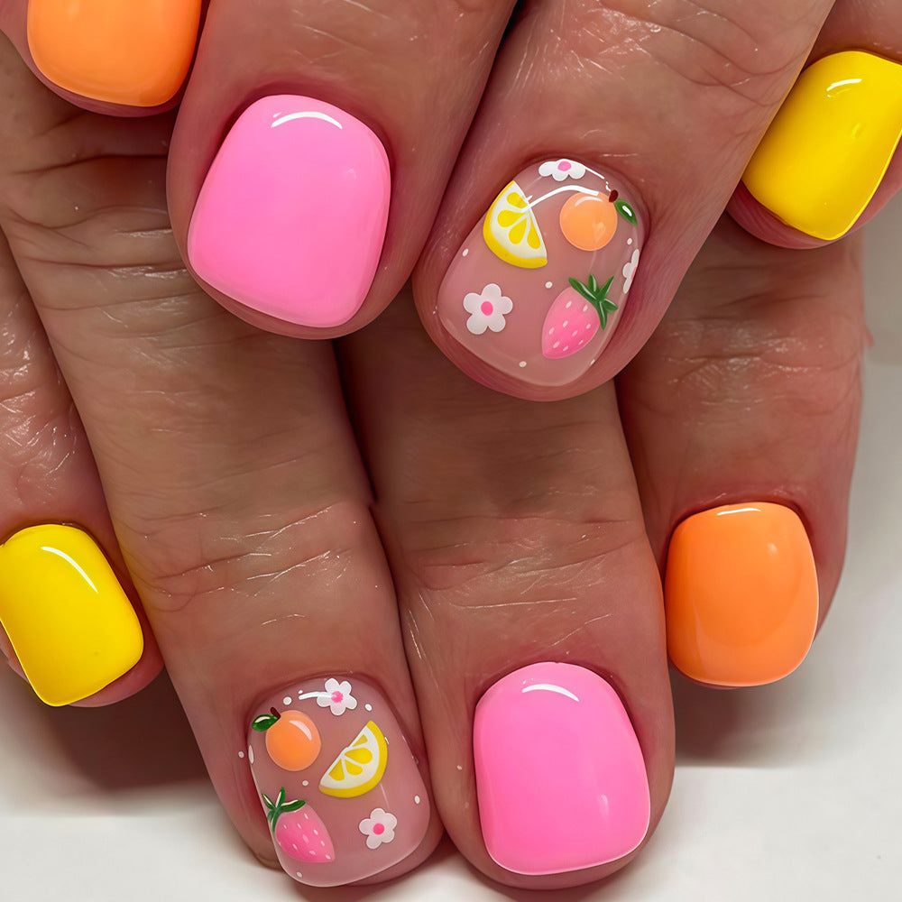 Tropical Vibes Short Square Pink and Yellow Press On Nail Set with Fruity Floral Design