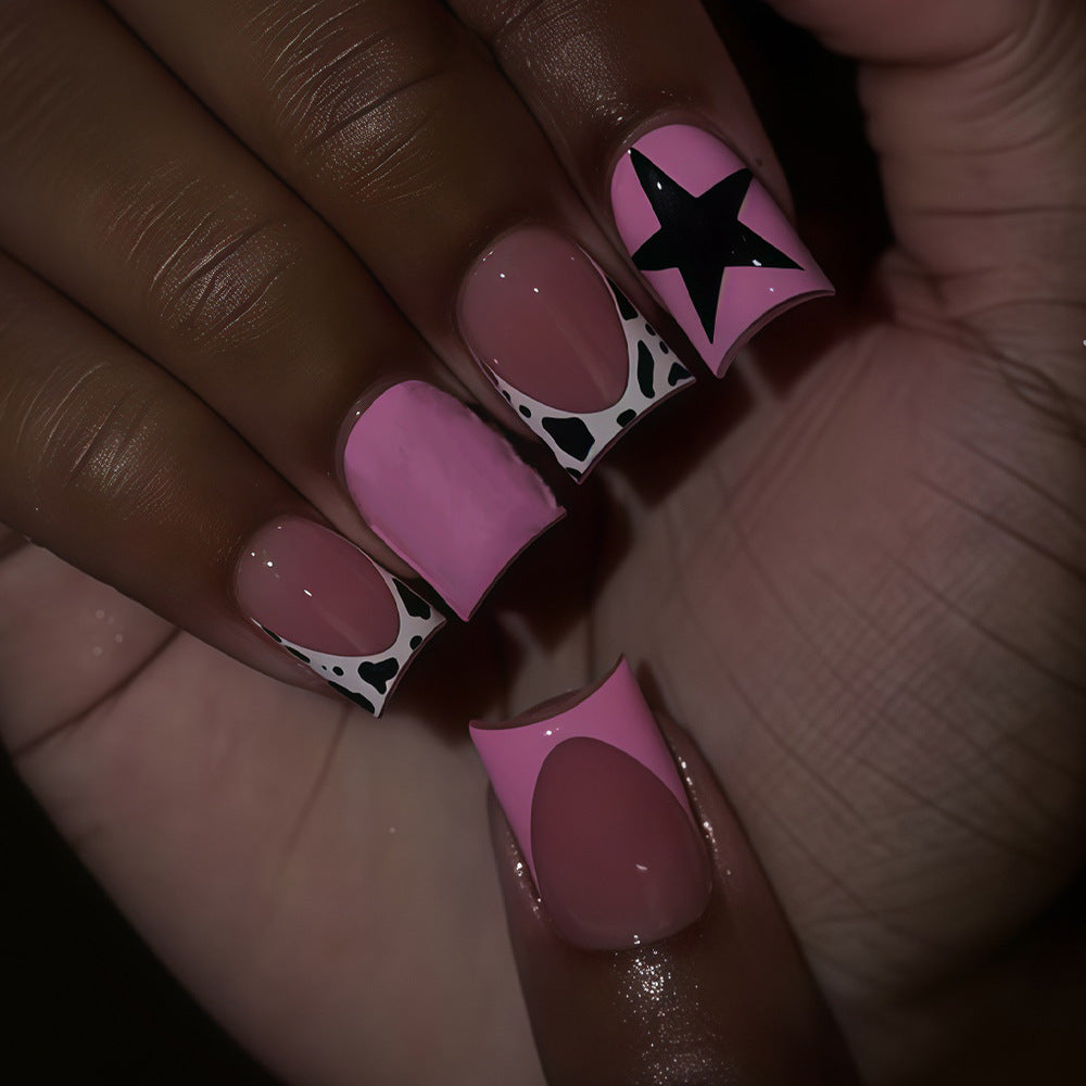 Cowgirl Chic Medium Square Pink with Unique Star Accent Press On Nail Set