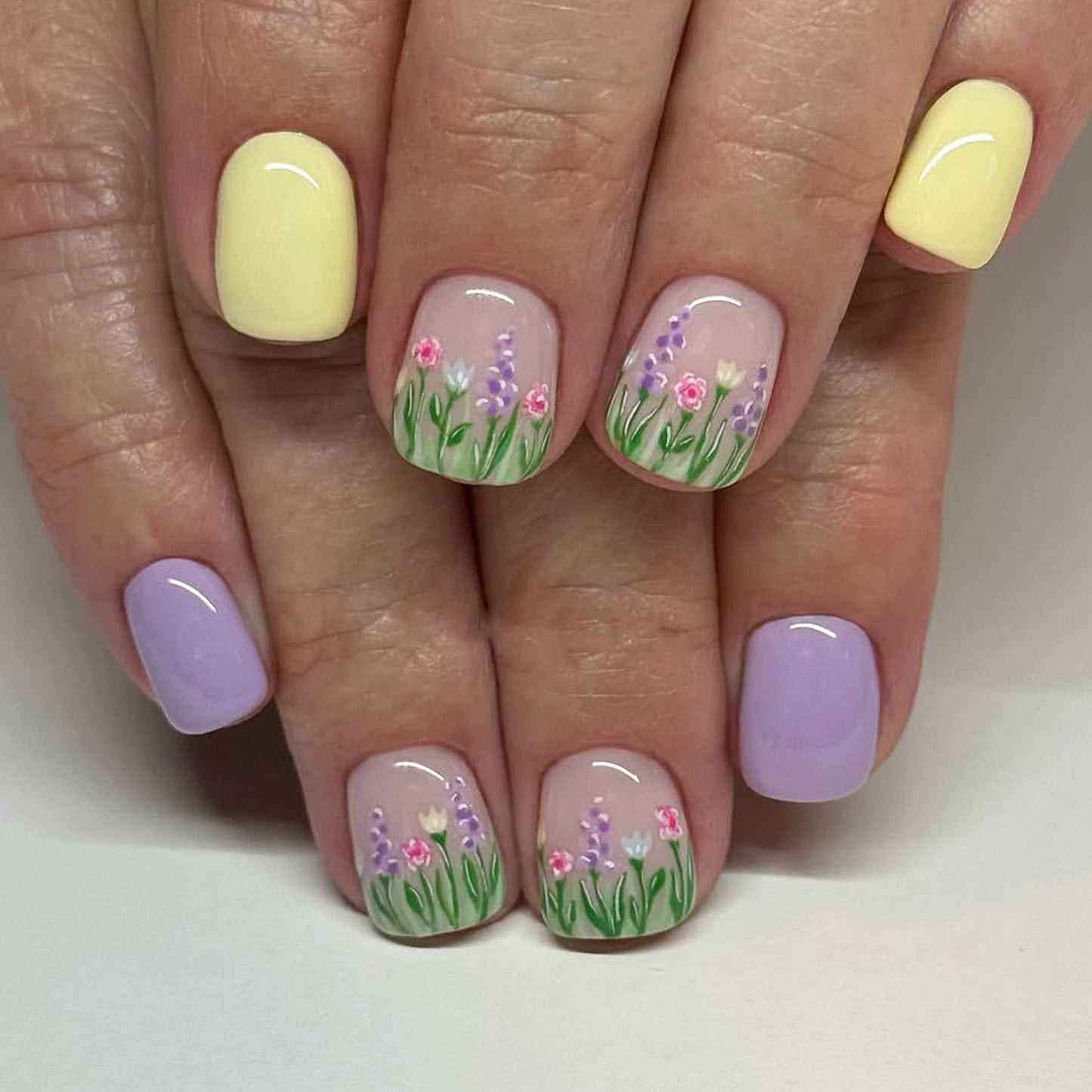 Whimsical Garden Short Square Pastel with Floral Accents Press On Nail Set