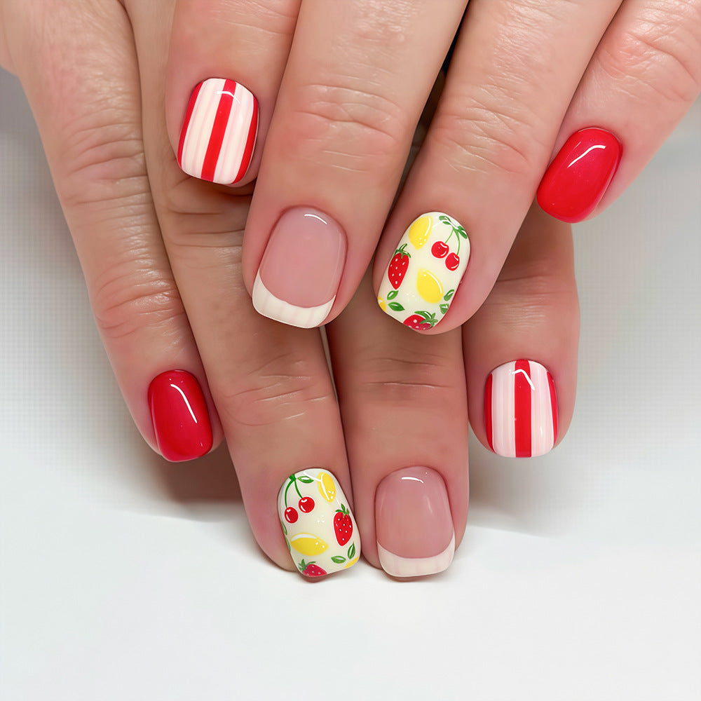 Summer Picnic Short Square Red with Whimsical Fruit Design Press-On Nail Set