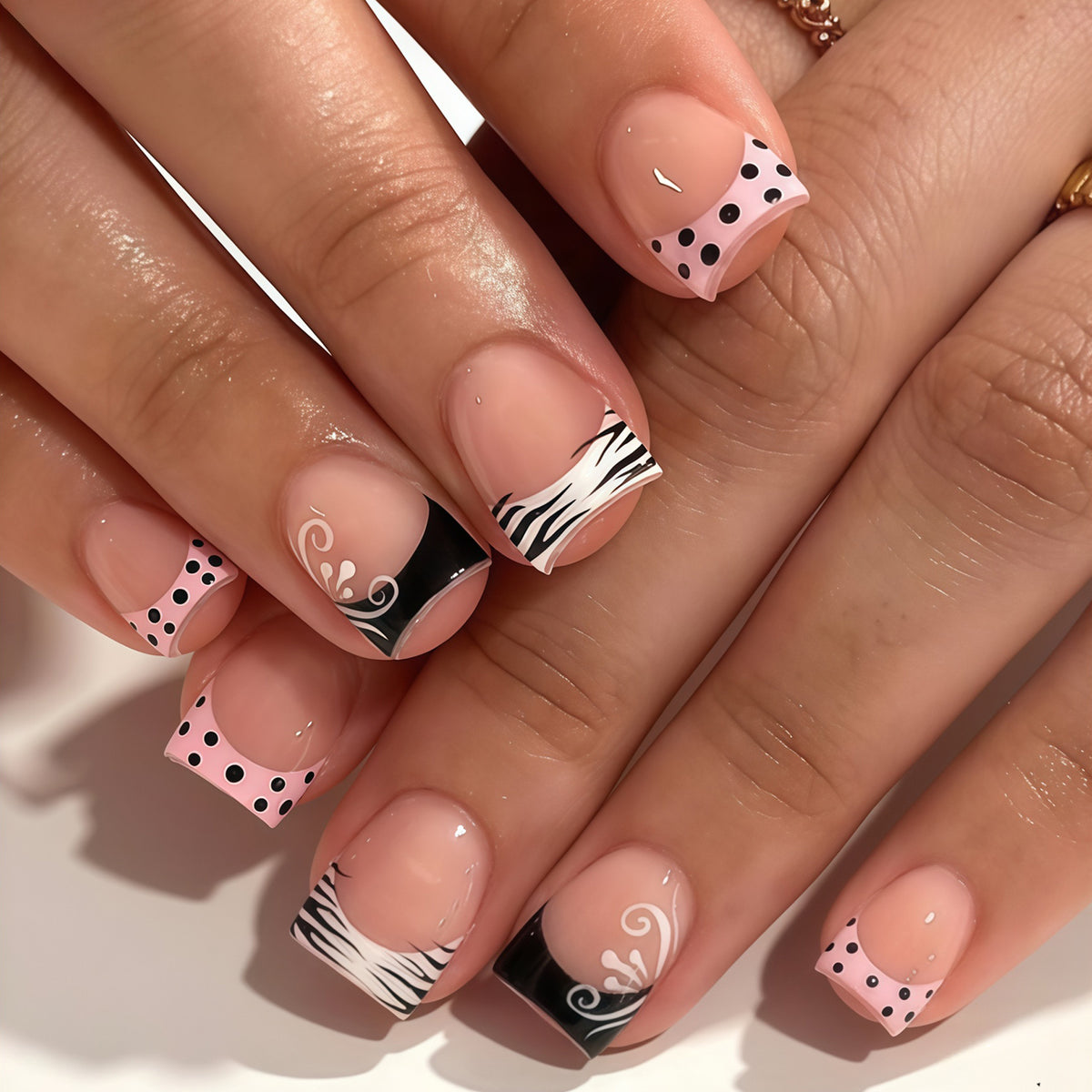Chic Zebra Print Short Square Pink and Black Nail Set with Unique Artistic Designs