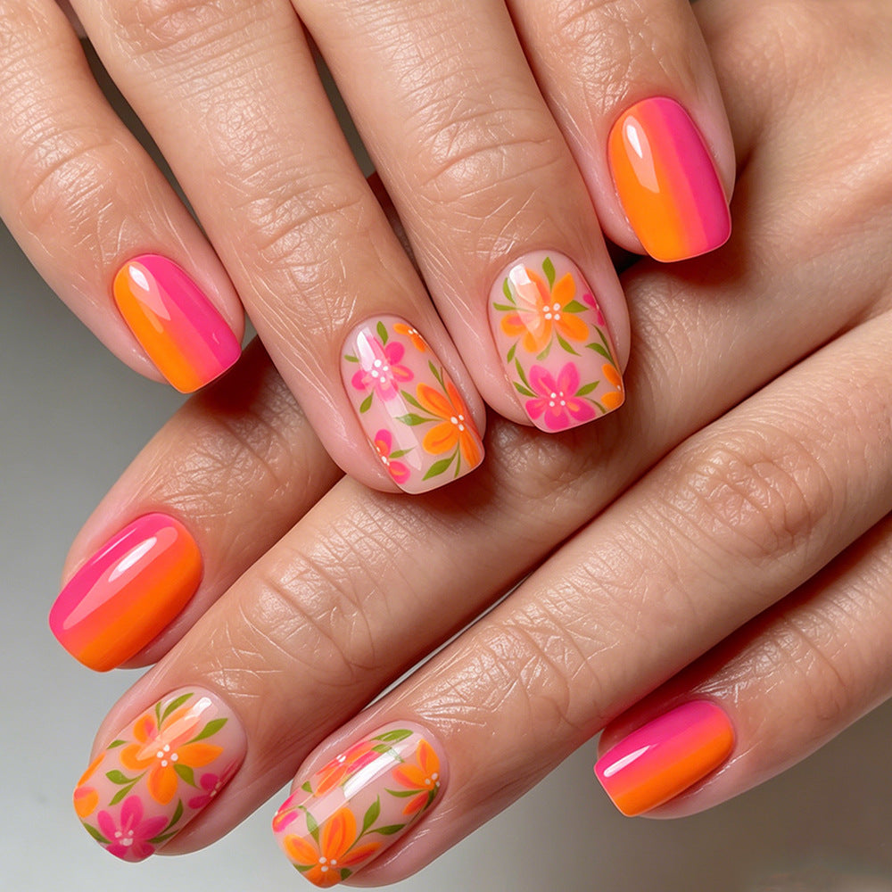 Tropical Sunset Short Square Pastel Floral Press On Nail Set