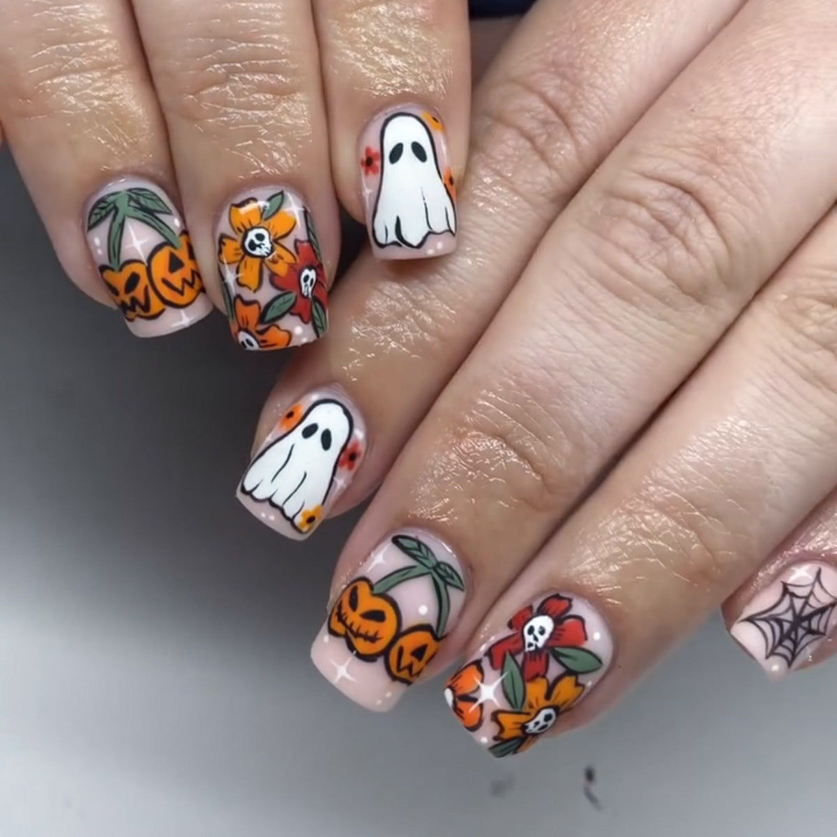 Spooky Floral Square Press On Medium Nail Set Pink Orange and Black with Ghost and Pumpkin Designs