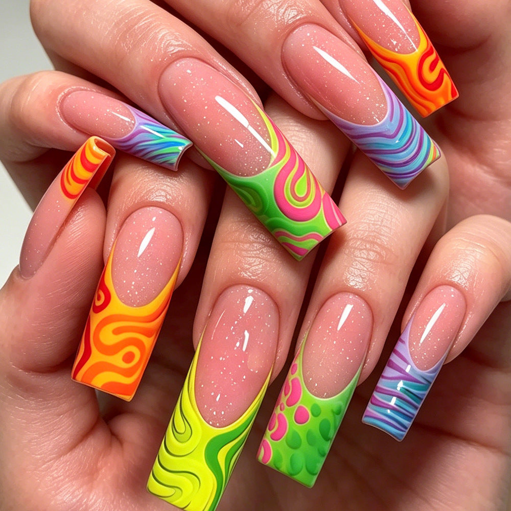 Vibrant Swirl Long Square Colorful Patterns Press On Nail Set