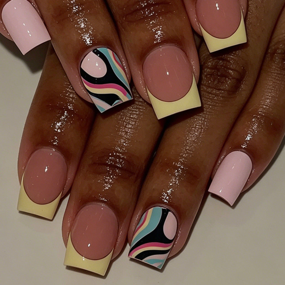 Artistic Vibes Medium Square Soft Pastel Press On Nail Set with Unique Abstract Design