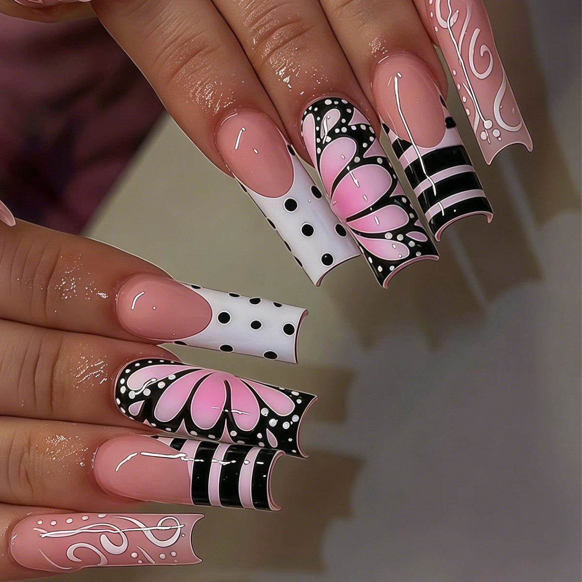 Whimsical Blossom Long Square Pink and Black Floral Press On Nail Set
