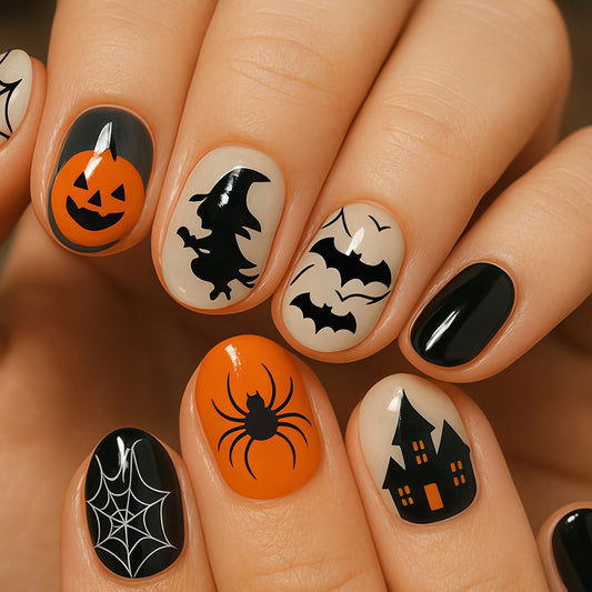 Halloween Inspired Medium Oval Orange and Black Press On Nail Set with Spooky Designs