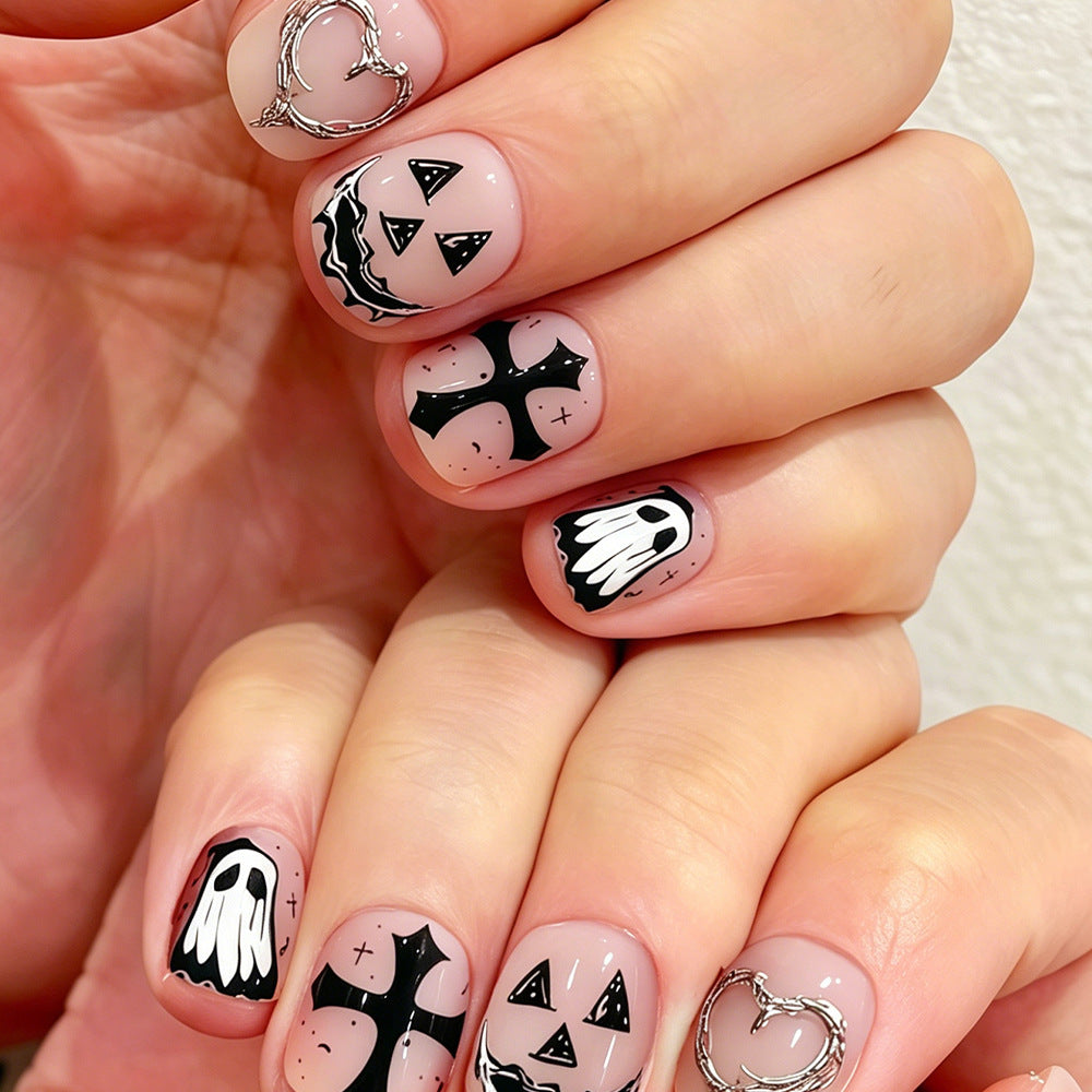 Spooky Vibes Short Round Black and White Graphic Press On Nail Set