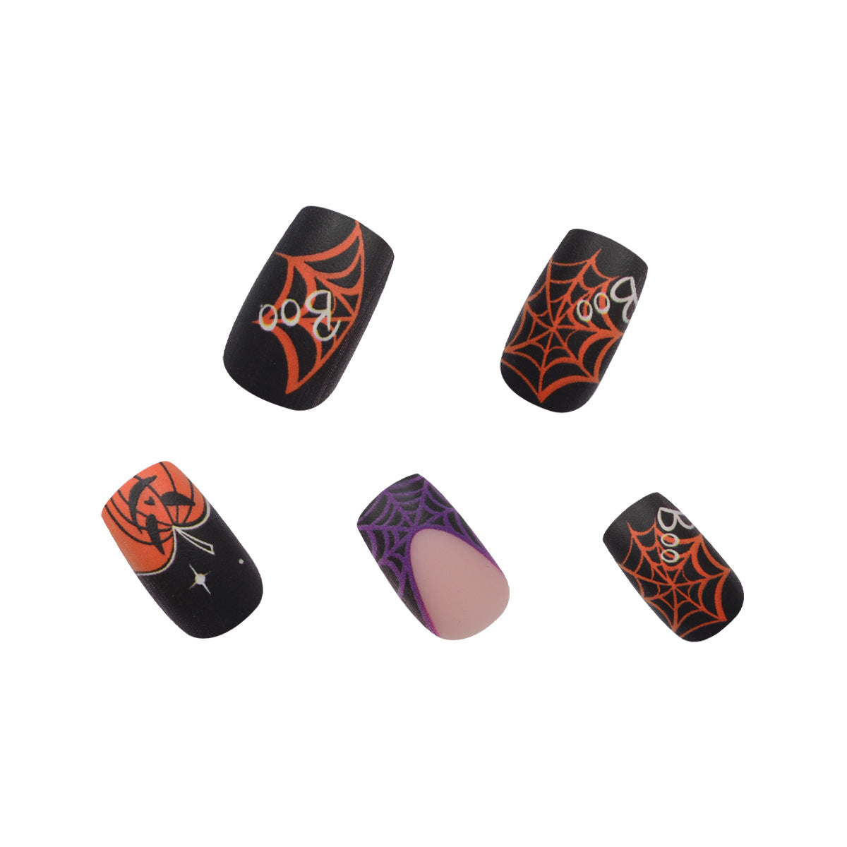 Spooky Spiderweb Matte Black and Orange Long Square Press On Nail Set with Halloween Designs