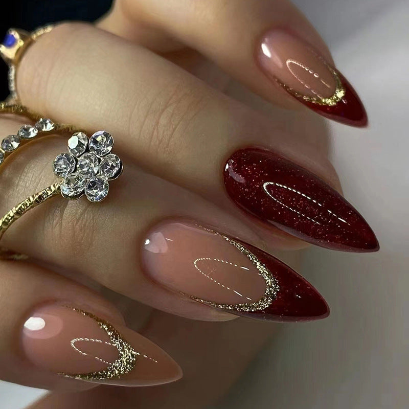 Glamorous Stiletto Long Red with Gold Highlights Press on Nail Set