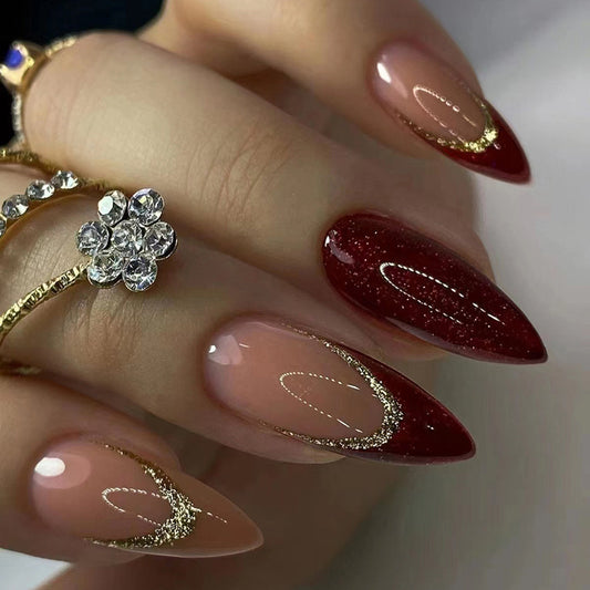 Glamorous Stiletto Long Red with Gold Highlights Press on Nail Set