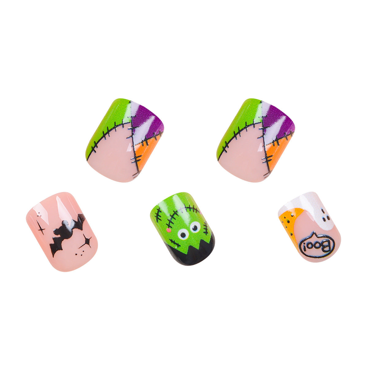 Spooky Elegance Short Length Oval Shaped Multi-Color Cartoon Halloween Press On Nail Set with Glow in the Dark Accent