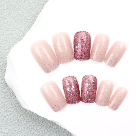 Glamorous Sparkle Short Square Pink Press On Nail Set with Shimmering Glitter Accent