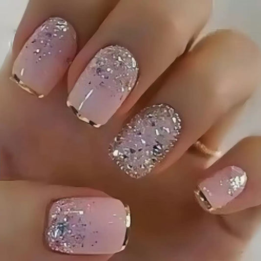 Glamorous Pink Short Square Press On Nail Set with Sparkling Glitter Finish
